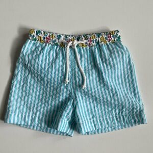 Charming Mary Boy’s Turquoise Seersucker Swim Trunks with Floral Waistband - 12M
